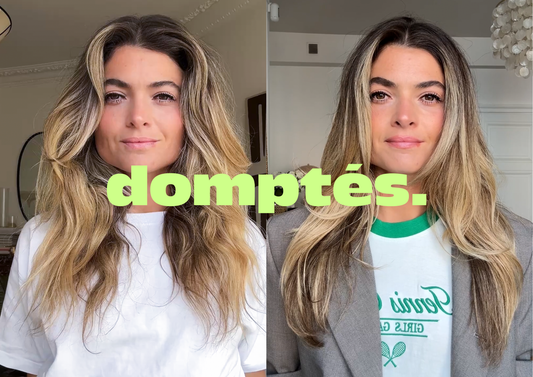 Avant/après d'un traitement anti-frizz : cheveux longs blonds gonflés à gauche, lissés et brillants à droite, mot « domptés.